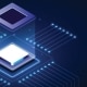 Graphic of a semiconductor ship with a frame of the chip hovering above the main chip components in a blue background